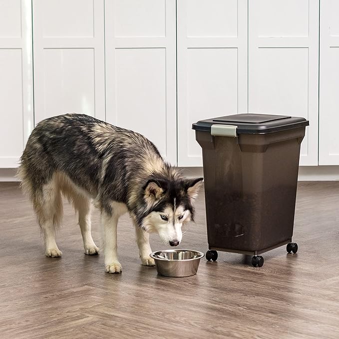 IRIS USA Airtight Dog Food Storage Container, WeatherPro, Up to 40 lbs, Removable Wheels, for Dog Cat Bird and Other Pet Food Storage Bin, Keep Fresh, Translucent Body, Made in USA, Smoke/Black - Image 6