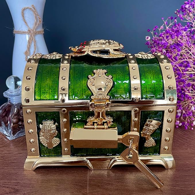 Retro Jewelry Box Arched Vintage Rectangular Metal Chest Necklace Ring Earrings Storage Case for Women Girls (Golden Transparent Green, L Lock) - Image 2