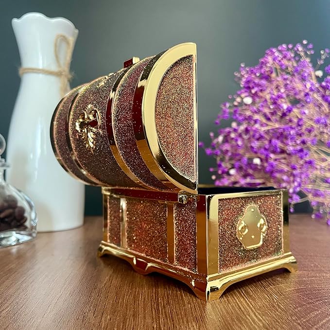 Retro Jewelry Box Arched Vintage Rectangular Metal Chest Necklace Ring Earrings Storage Case for Women Girls (Golden Starlight Red, M) - Image 5