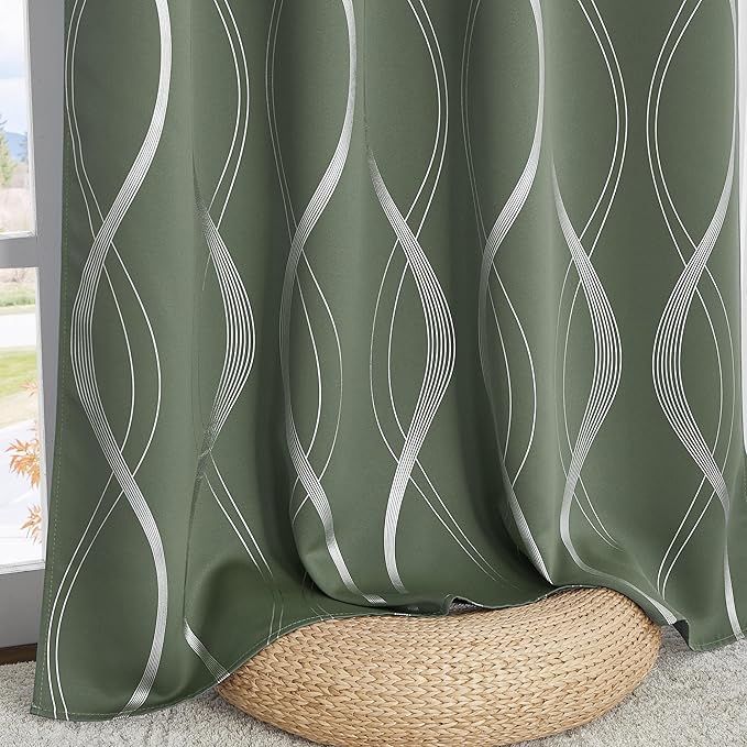 NICETOWN 100% Blackout Greyish Green Blackout Curtain Panels for Bedroom 72 inch Long, Thermal Insulated Wave Line Foil Print Design Drapes for Patio Sliding Glass Door, 52" x 72", 2 Panels - Image 7