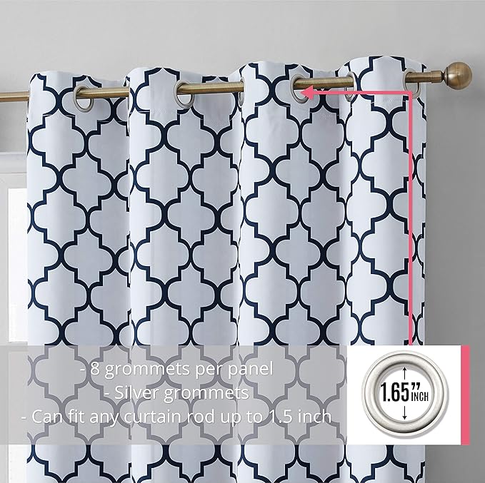 HLC.ME Lattice Print Decorative Curtains Blackout 54 Length - Thermal Insulated Room Darkening Grommet Window Drapes Panels for Basement Windows - Platinum White & Navy Blue - Set of 2-52 x 54 Inch - Image 2