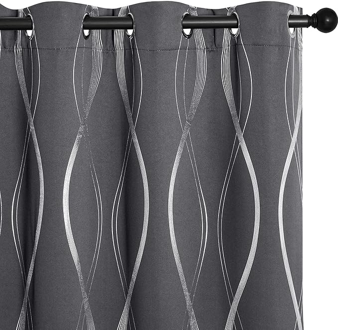 NICETOWN Small Blackout Grey Cafe Curtain Panels, Set of 2, 34 by 45 Inch, Window Treatment Thermal Insulated Solid Grommet Blackout Wave Line Foil Print Design for Kitchen and Loft by NICETOWN