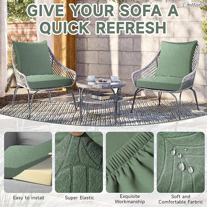 8Pcs Stretch Couch Cushion Covers, Water Resistant Outdoor Sofa Cuhsion Cover Replacement,Washable Outdoor Patio Chair Seat Cushion Covers for Furniture Protect (Sage Green, Leaf Textured) - Image 3