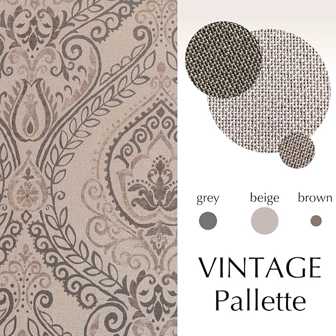 Vangao Damask Curtains 63 Inch Length 2 Panels Gray Paisley Medallion Print Curtains for Bedroom Living Room Darkening Drapes Vintage Retro Linen Textured Window Treatment Grey on Beige - Image 3