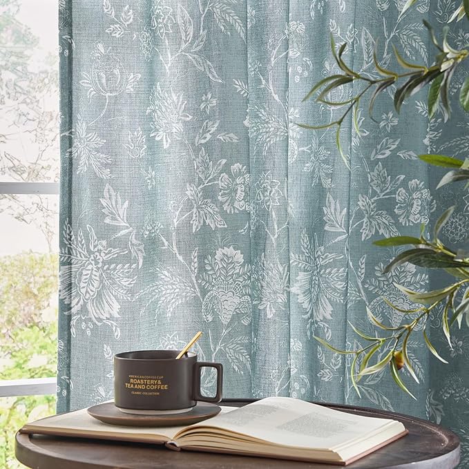 jinchan Linen Floral Curtains for Living Room, 84 Inch Length Curtains with Printed Flower Light Filtering Curtain, Rod Pocket Back Tab Blue Window Treatment Set Bedroom Curtain, 2 Panels Blue - Image 8