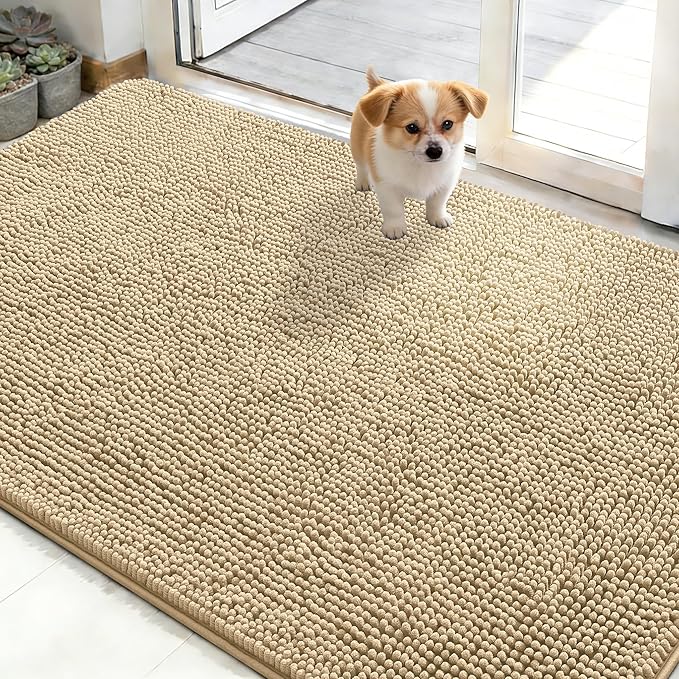 OLANLY Dog Door Mat for Muddy Paws 50x30, Absorbs Moisture and Dirt, Absorbent Non-Slip Washable Doormat, Quick Dry Chenille Mud Mat for Dogs, Entry Indoor Entryway Carpet for Inside Floor, Beige by OLANLY