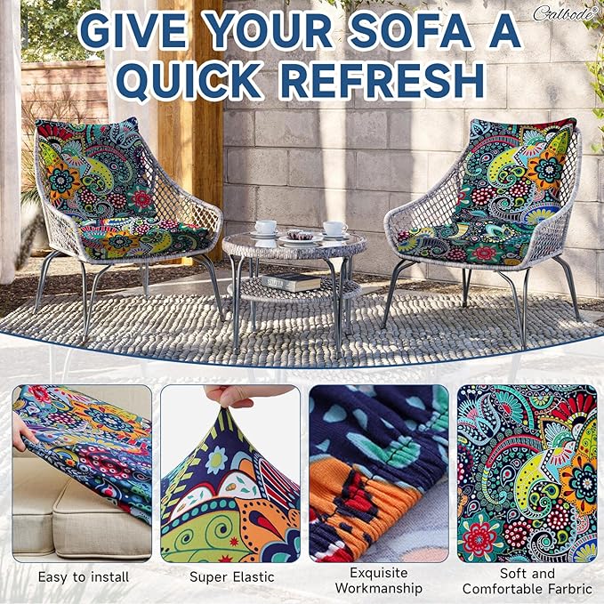 8Pcs Stretch Patio Cushion Cover, Boho Floral Couch & Sofa Slipcovers for Patio Furniture Cushions Washable Reusable Couch Covers Replacement for All Season, Breathable (Paisley, Cover Only) - Image 3
