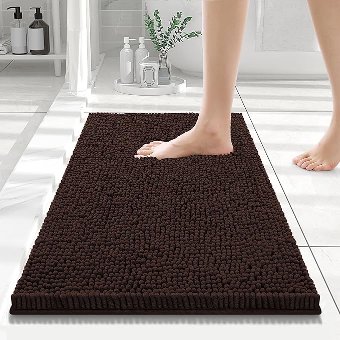 Smiry Luxury Chenille Bathroom Rugs 24x16, Extra Soft and Absorbent Shaggy Bath Mat, Machine Washable, Non-Slip Plush Carpet Runner for Tub, Shower, and Floor, Home Decor Accessories, Brown by Smiry