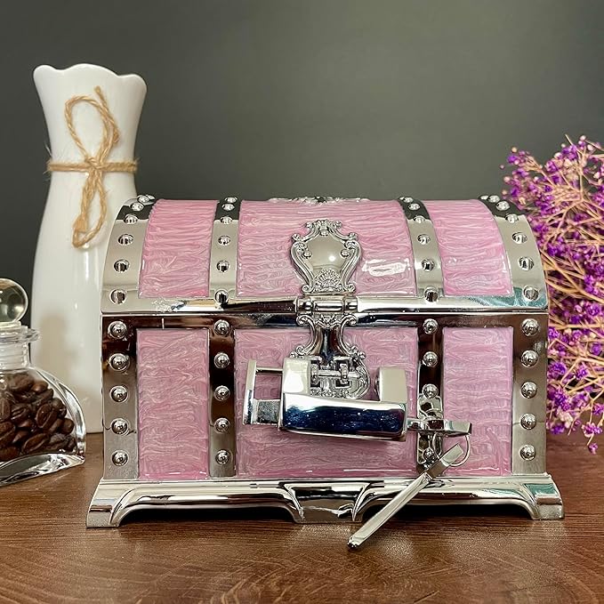 Large Double-layer Retro Metal Jewelry Chest, Pirate-style Lion Head Relief Treasure Box With Lock Women's Jewelry Storage (Oil Painting Pink Chrome) - Image 2