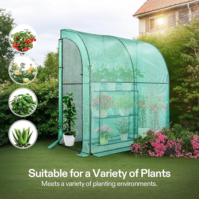 VIVOSUN Lean-to Greenhouse, 6.6’ x 3.3’ x 6.9’ Portable Wall House with Green PE Cover and Shelf for Compact Garden 79x39x83-Inch - Image 6