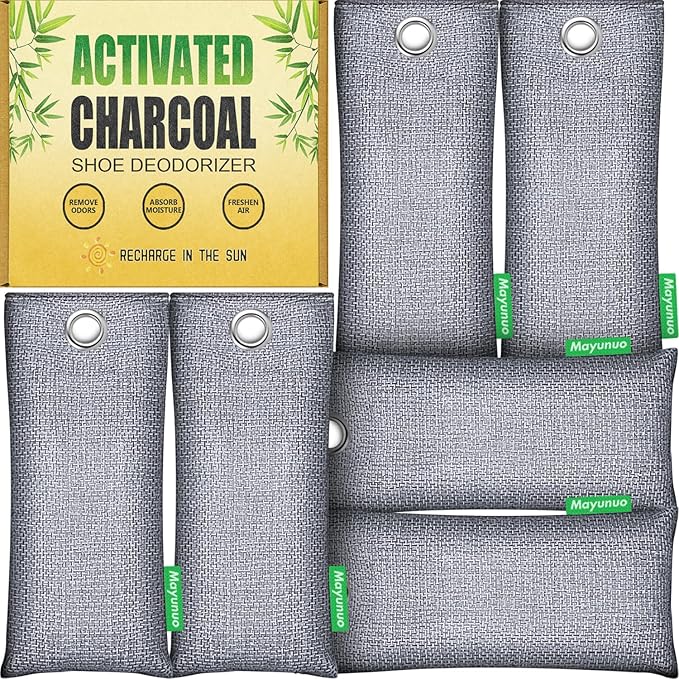 Activated Charcoal Odor Absorber for Strong Odor, Natural Shoe Deodorizer. Sneaker Odor Eliminator, 6 Pack Bamboo Charcoal Air Purifying Bags, Odor Remover Moisture Absorbers for Shoes by Mayunuo