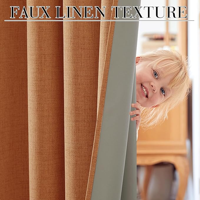 RYB HOME Burnt Orange Total Blackout Curtains Linen Texture, Rustic Fall Curtains for Bedroom/LivingRoom/Office, Thermal Insulated Boho Farmhouse HomeDecor, Luxury Privacy Drapes, W52xL90, 2 Panels - Image 3