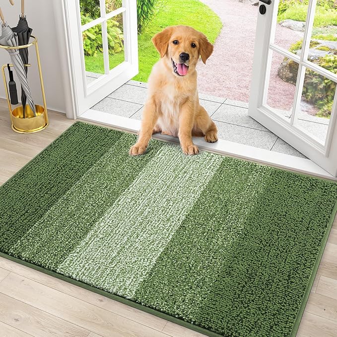 Smiry Dog Door Mat for Muddy Paws, Absorbs Moisture and Dirt, Low-Profile Entryway Mat with Non-Slip Backing, Entry Indoor Outdoor Doormat for Inside Floor (30x20 Inches, Green, Striped) by Smiry
