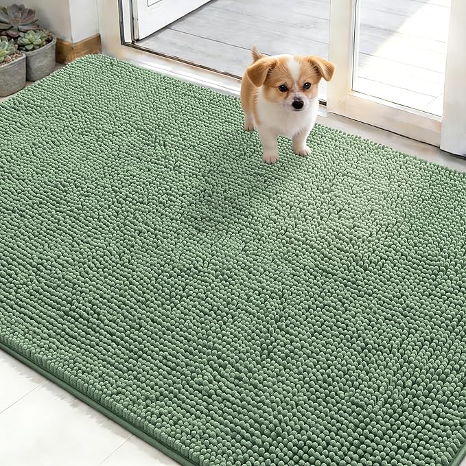 OLANLY Dog Door Mat for Muddy Paws 50x30, Absorbs Moisture and Dirt, Absorbent Non-Slip Washable Doormat, Quick Dry Chenille Mud Mat, Entry Indoor Entryway Carpet for Inside Floor, Olive Green by OLANLY