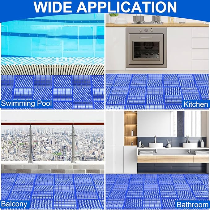 MYFAMIREA Modular Interlocking Cushion 12 Pack 11.8" x 11.8" Rubber Floor Tiles Non-Slip Splicing Drainage Mats for Deck, Pool, Shower, Patio, Balcony, Bathroom, Kitchen, Yard (Diagonal, Dark Blue) - Image 7