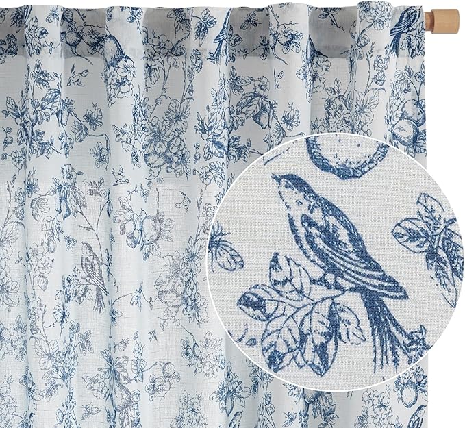 jinchan Linen Floral Curtains for Living Room 84 Inch Length Blue Printed Flower French Country Curtain Farmhouse Cottage Core Toile Curtains Back Tab Light Filtering Window Drapes Set 2 Panels - Image 7