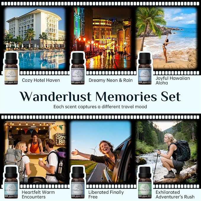 ASAKUKI Diffuser Oil Set - 6 Travel-Inspired Hotel Collection Essential Oils Set for Home & Diffusers - Hotel Haven, Neon & Rain, Hawaiian Aloha, Warm Encounters, Finally Free, Adventurer’s Rush - Image 3