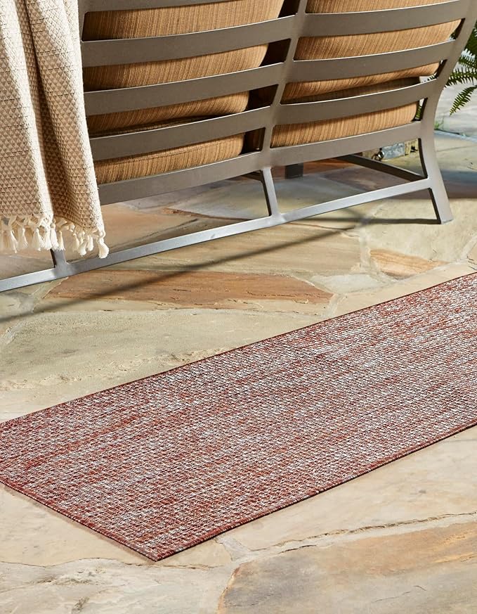 Unique Loom Collection Casual Transitional Solid Heathered Indoor/Outdoor Flatweave Area Rug (2' x 6' 1" Runner, Rust Red/Beige) - Image 2
