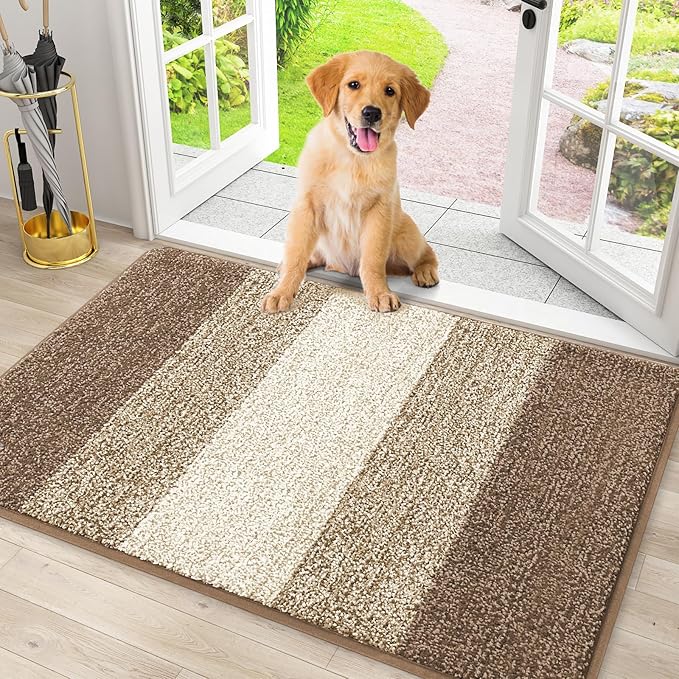 Smiry Dog Door Mat for Muddy Paws, Absorbs Moisture and Dirt, Low-Profile Entryway Mat with Non-Slip Backing, Entry Indoor Outdoor Doormat for Inside Floor (30x20 Inches, Khaki, Striped) by Smiry