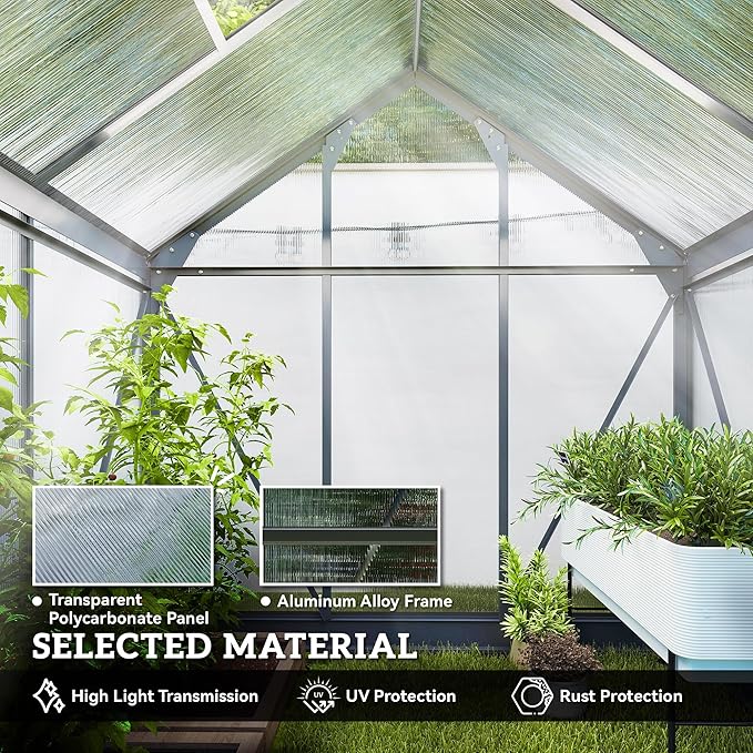 Outsunny 6' x 4' Greenhouse for Outdoors, Polycarbonate Greenhouse with Rain Gutter and Roof Vent, Aluminum Walk-in Green Houses for Outside for Patio Backyard Garden, Gray - Image 4
