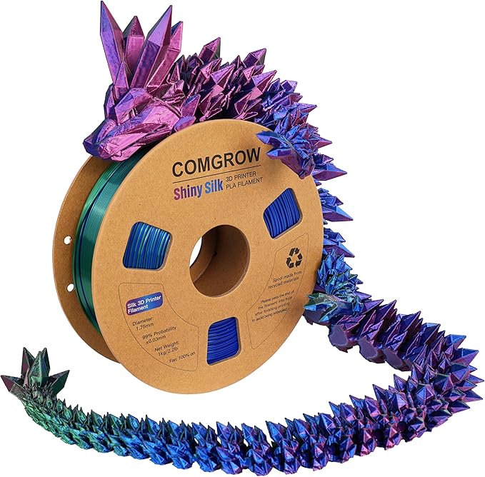 Comgrow Tri-Colors Silk PLA 3D Printer Filament, Rainbow PLA Filament 1.75mm, Dimensional Accuracy +/- 0.02 mm, 1KG Spool, Coextrusion 3D Filament with Shiny Silk Red-Blue-Green by Comgrow