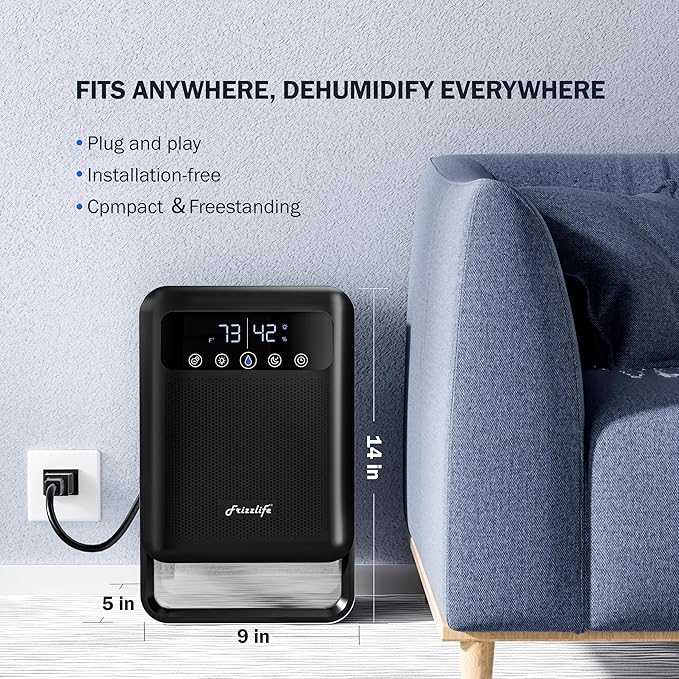 Frizzlife Air Dehumidifier, 135oz Water Tank W/Purifying Function, Quiet Small Dehumidifiers With Sleep Mode For Home, Bedroom, Bathroom, Basement W/Auto Shut Off, 7 Colors LED Light, Black - Image 7