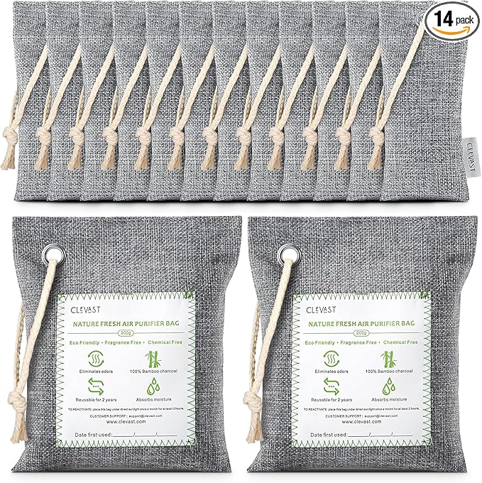 CLEVAST 14 Pack Activated Bamboo Charcoal Air Purifying Bags(2x200g, 12x50g), Natural Fresh Odor Absorber, Deodorizer and Moisture Eliminator, Air Purifier Bags for Home by CLEVAST