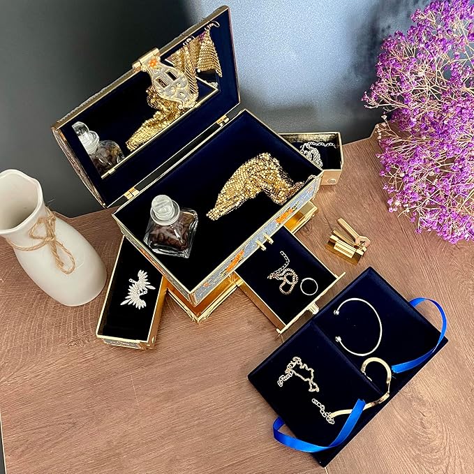 Retro Jewelry Box Arched Vintage Rectangular Metal Chest Necklace Ring Earrings Storage Case for Women Girls (Golden Starlight Blue-purple, XL Lock) - Image 5