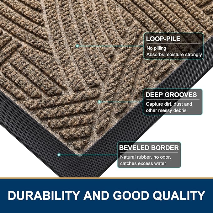 Smiry Front Door Mat Outside Entrance, Heavy Duty Sturdy Natural Rubber Doormat, Trap Dirt and Moisture, Easy Clean Low Profile Mats for Indoor Outdoor Entry, Interwoven Stripes 29.5x17, Brown - Image 4