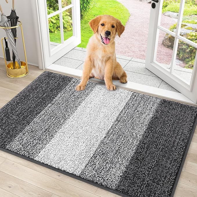 Smiry Dog Door Mat for Muddy Paws, Absorbs Moisture and Dirt, Low-Profile Entryway Mat with Non-Slip Backing, Entry Indoor Outdoor Doormat for Inside Floor (30x20 Inches, Grey, Striped) by Smiry