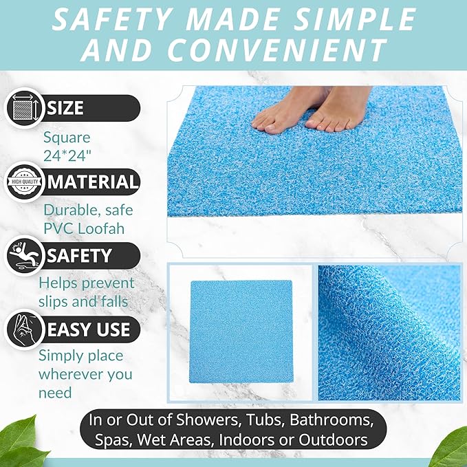 Enkosi Loofah Shower Mat Non Slip – Square Anti Slip Bath Mat for Inside Showers, Bathtub, Tub, Bathroom - Cushioned, Quick Dry PVC with Drain Holes - Secure Grip Safety Pad (Aqua Blue 24x24) - Image 3
