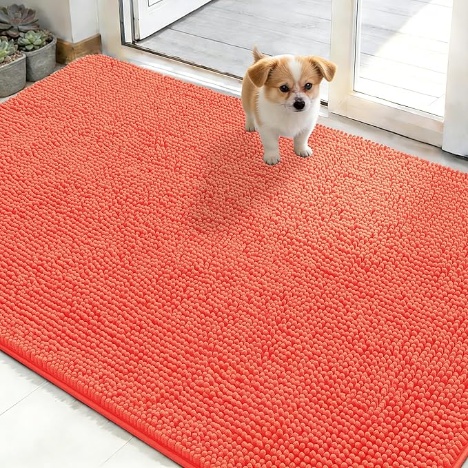 OLANLY Dog Door Mat for Muddy Paws 48x30, Absorbs Moisture and Dirt, Absorbent Non-Slip Washable Doormat, Quick Dry Chenille Mud Mat for Dogs, Entry Indoor Entryway Carpet for Inside Floor, Coral by OLANLY