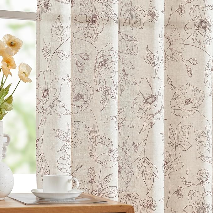 jinchan Floral Linen Curtains for Living Room 96 Inch Length Brown Flower Curtain Rod Pocket Back Tab Farmhouse Curtains with Printed Floral Bedroom Window Curtain Set, 2 Panels Brown by JINCHAN