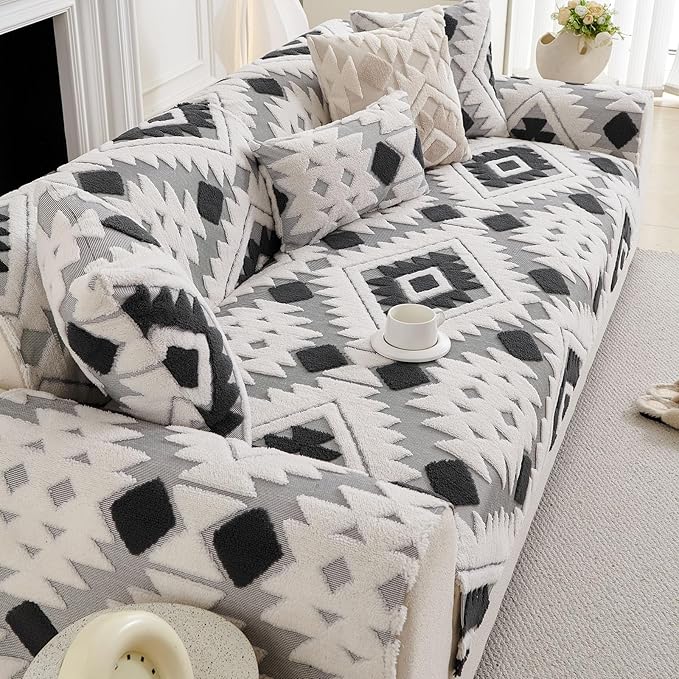 Boho Plush Couch Covers for Sofa Washable, Fuzzy Soft Couch Cover for Sectional Sofa, Non Slip Jacquard Sofa Cover Furniture Protector for Kids, Pets (Dark Grey,36"x47") - Image 6