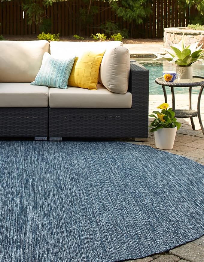 Unique Loom Collection Casual Transitional Solid Heathered Indoor/Outdoor Flatweave Area Rug (5' 1" Round, Blue/Navy Blue) - Image 2