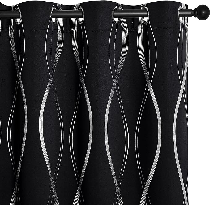 NICETOWN Black Out Window Curtains for Bedroom, Microfiber Noise Reducing Thermal Insulated Wave Line Foil Print Design Blackout Curtains for Office, Classroom (2 Panels, 52 x 45 Inch) by NICETOWN