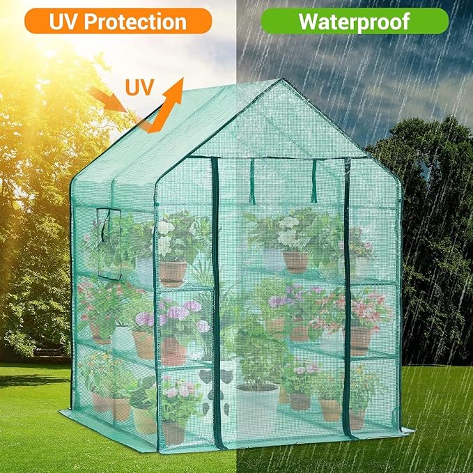 Ohuhu Greenhouse for Outdoors with Screen Windows, 57 x 57 x 76'' Walk in Plant Greenhouses Heavy Duty with Durable PE Cover, 3 Tiers 12 Shelves Stands Plastic Portable Green House with Shelf Clips - Image 4