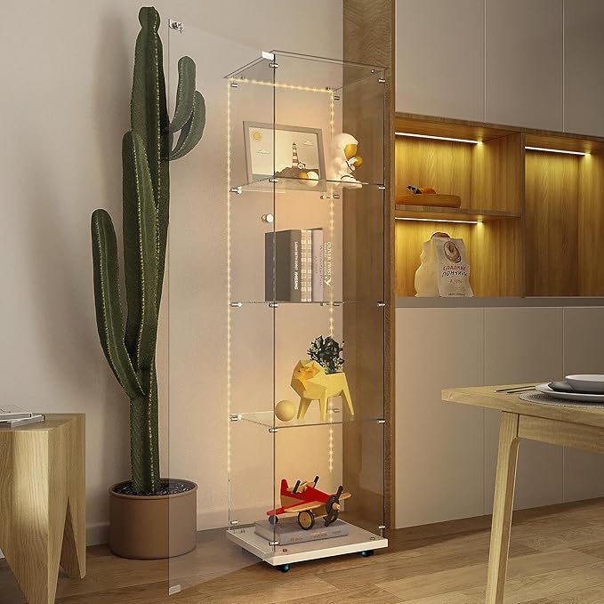 Yoluckea 4 Tiers Glass Display Cabinet with Bluetooth LED Light Strip, 1 Door Floor Standing Curio Cabinet with Universal Wheel for Home Office Display, White Glass Bookshelf for Collections,Clear Top - Image 7