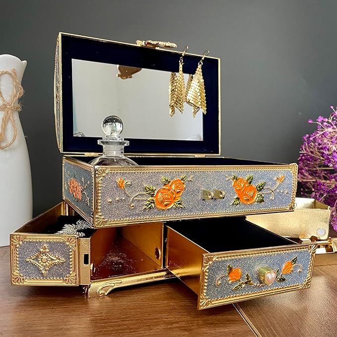 Retro Jewelry Box Arched Vintage Rectangular Metal Chest Necklace Ring Earrings Storage Case for Women Girls (Golden Starlight Blue-purple, XL Lock) - Image 3