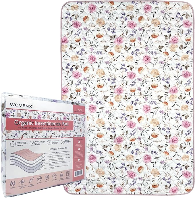 Organic Incontinence Pads for Kids & Toddlers - 5 Layer Waterproof Protectors for Overnight Bed Wetting - Reusable & Washable Pee Pads - Fits Twin to Full Size Beds - 34" x 52" Flower - Image 8