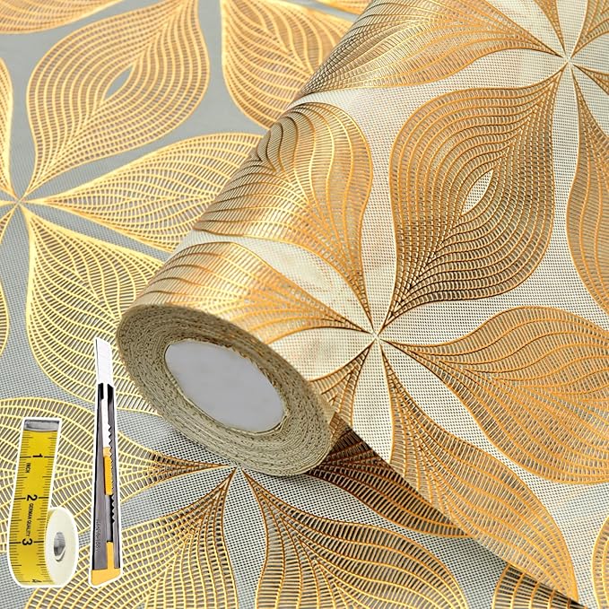 3D Drawer and Shelf Liner for Kitchen Cabinet: 17 in X 20 Ft Waterproof Shelf Paper Non Adhesive Refrigerator Liners Golden Leaf Easy Liners for Bathroom with Knife Tape Measure by Kimhan