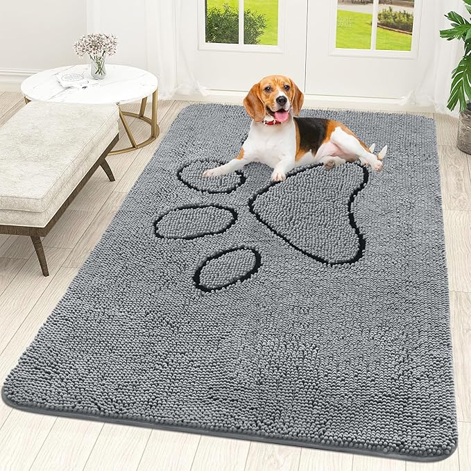 OLANLY Dog Door Mat for Muddy Paws 70x46, Paw Print Design, Absorbs Moisture and Dirt, Absorbent Non-Slip Washable Doormat, Quick Dry Chenille Mud Mat for Dogs, Entry Indoor Entryway Carpet, Grey by OLANLY