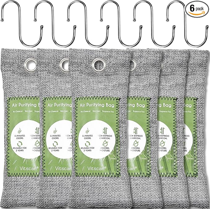 6 Pack Bamboo Charcoal Air Purifying Bag, Activated Charcoal Bags Odor Absorber, Moisture Absorber, Natural Car Air Freshener, Shoe Deodorizer, Odor Eliminators For Home, Pet, Closet by VITSCAN