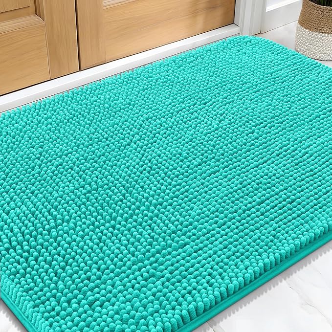 OLANLY Dog Door Mat for Muddy Paws 34x21, Absorbs Moisture and Dirt, Absorbent Non-Slip Washable Doormat, Quick Dry Chenille Mud Mat for Dogs, Entry Indoor Entryway Carpet for Inside Floor, Teal by OLANLY