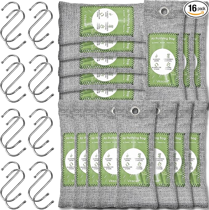 16 Pack Bamboo Charcoal Air Purifying Bag, Activated Charcoal Bags Odor Absorber, Moisture Absorber, Natural Car Air Freshener, Shoe Deodorizer, Odor Eliminators For Home, Pet, Closet (16x50g) by VITSCAN