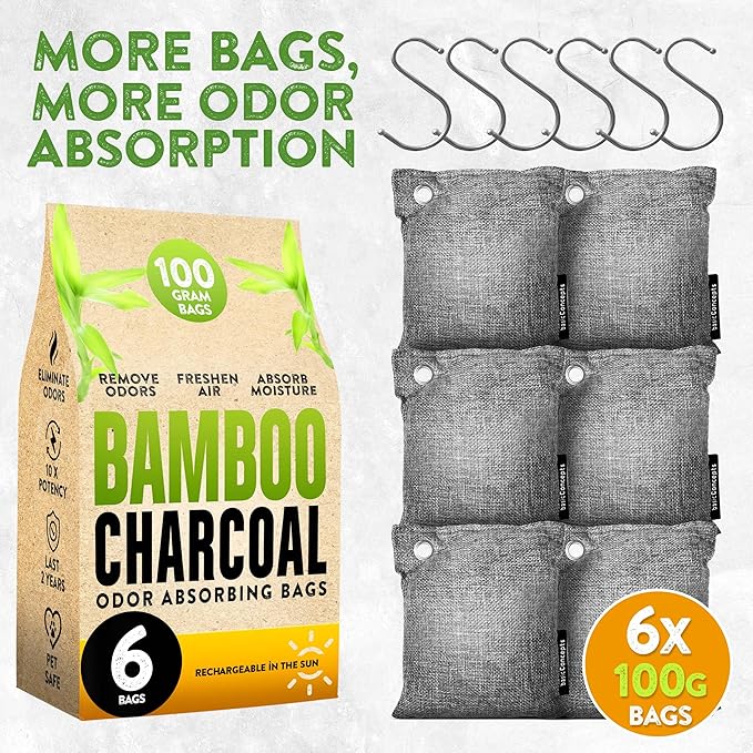 Charcoal Odor Absorber for Strong Odor (6 Pack, 100g each), Bamboo Charcoal Air Purifying Bag, Basement Musty Odor Eliminator Deodorizer, Activated Charcoal Odor Absorber for Closet, Shoe, Car - Image 5