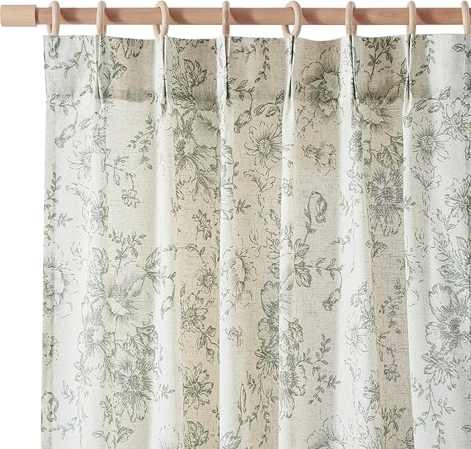 jinchan Pinch Pleated Curtains Floral Linen Blend Curtains for Living Room 63 Inch Length Green Peony Flower Printed Curtain Rod Pocket Back Tab Farmhouse Drapes with Hooks Set 2 Panels by JINCHAN