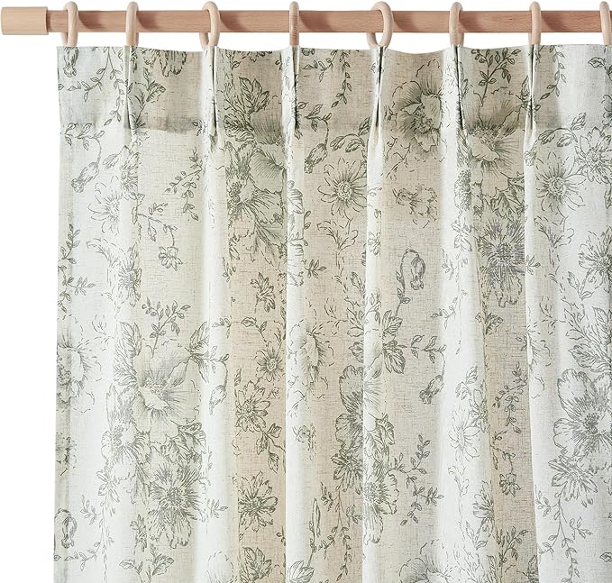jinchan Pinch Pleated Curtains Floral Linen Blend Curtains for Living Room 108 Inches Length Green Peony Flower Printed Curtain Rod Pocket Back Tab Farmhouse Drapes with Hooks Set 2 Panels by JINCHAN