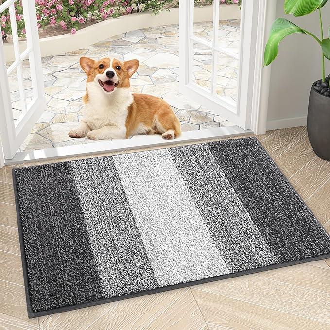 Smiry Dog Door Mat for Muddy Paws, Absorbs Moisture and Dirt, Low-Profile Entryway Mat with Non-Slip Backing, Entry Indoor Outdoor Doormat for Inside Floor (30x17 Inches, Grey, Striped) by Smiry