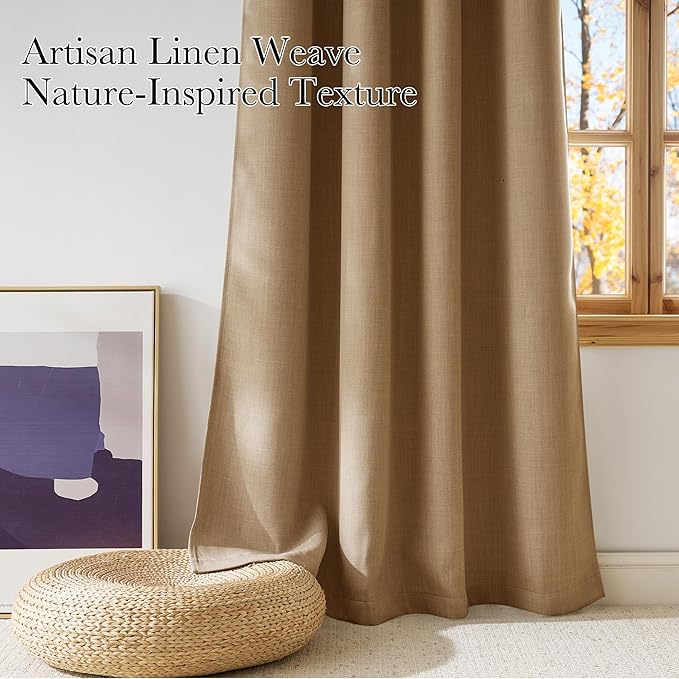 NICETOWN Caramel Faux Linen Room Darkening Rod Pocket Curtains 63 inch Length, W42 x L63, Light Blocking Thermal Insulated Noise Reducing Drapes for Bedroom Living Room Farmhouse Decor, 2 Panels - Image 3